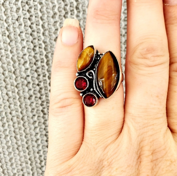 New Beautiful Tiger Eye & Garnet 925 Silver Ring. - Picture 2 of 8